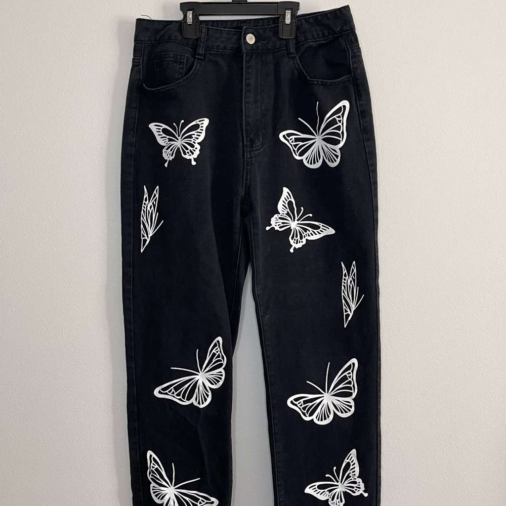 Black Butterfly Print Women's Jeans